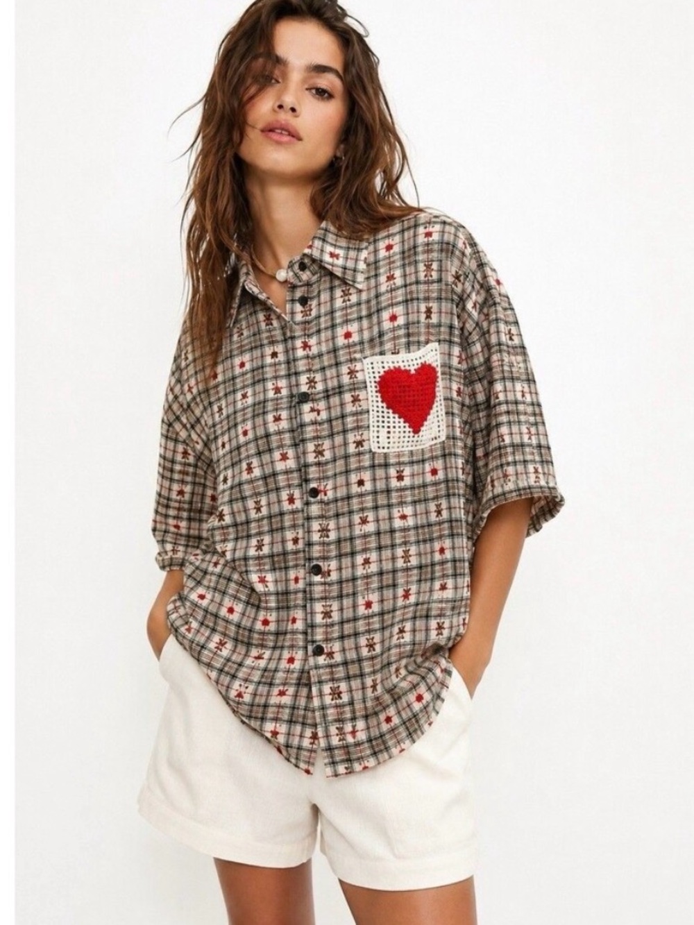 Aelfric Eden Teddy Bear Button-Down Shirt with Crocheted Heart Patch EUC